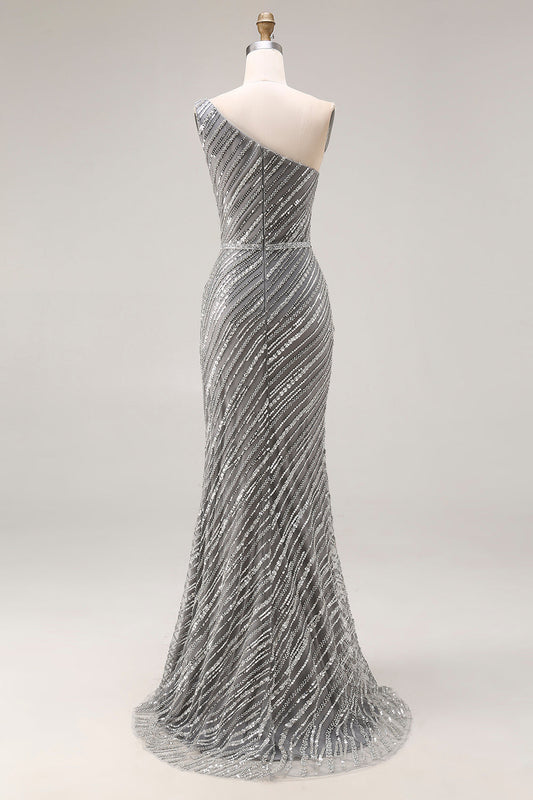 Robe de bal longue sirène à paillettes argentées scintillantes, une épaule, avec fente