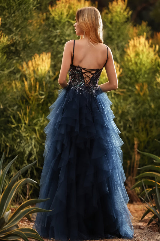 Navy Spaghetti Straps A-Line Tiered Long Tulle Prom Dress with Slit