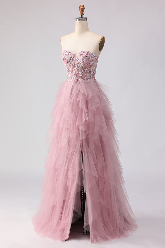Pink Strapless A-Line Beaded Ruffled Long Prom Dress with Slit
