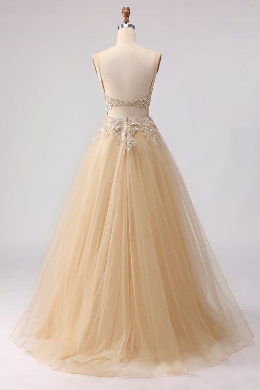 Sparkly A-Line Tulle Beaded Embroidered Champagne Long Prom Dress with Slit