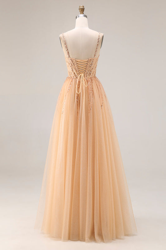 Robe de bal longue en tulle évasée couleur pêche scintillante avec dos lacé