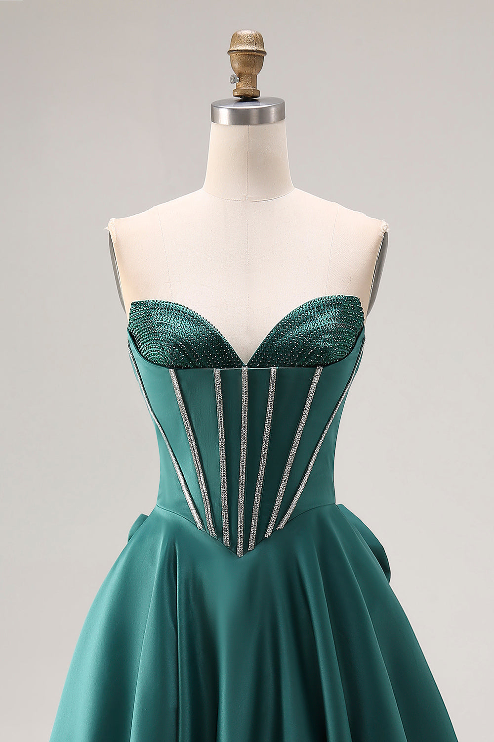 Dark Green A-Line Satin Sweetheart Corset Beaded Long Form Dress with Bow