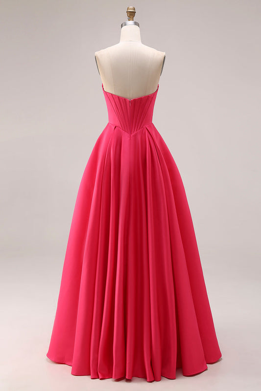 Candy Pink A-Line Sweetheart Corset Ruched Long Prom Dress with Beading