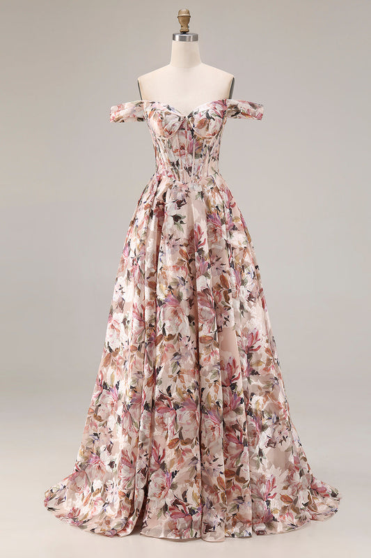 Robe longue de bal à corset coupe évasée, motif floral et épaules dénudées, coloris Rose du désert