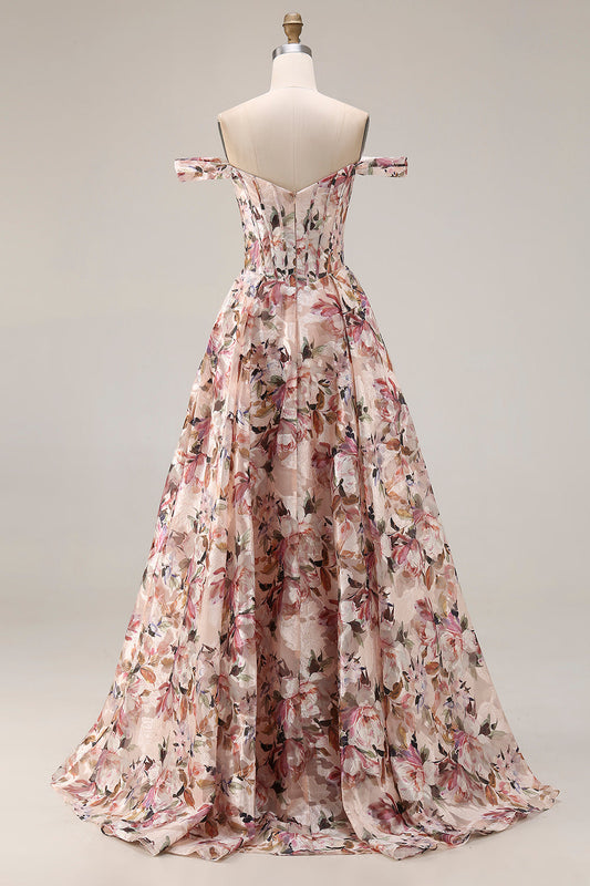 Robe longue de bal à corset coupe évasée, motif floral et épaules dénudées, coloris Rose du désert