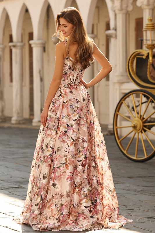 Pink Floral Printed A-Line Corset Long Prom Dress