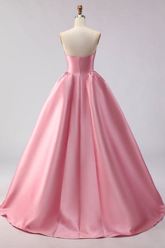 Robe longue de bal de promo en satin rose poudré avec corsage structuré et jupe ample