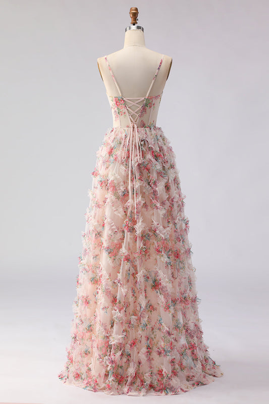 Light Pink A-Line Floral Printed Corset Long Prom Dress with Ruffles