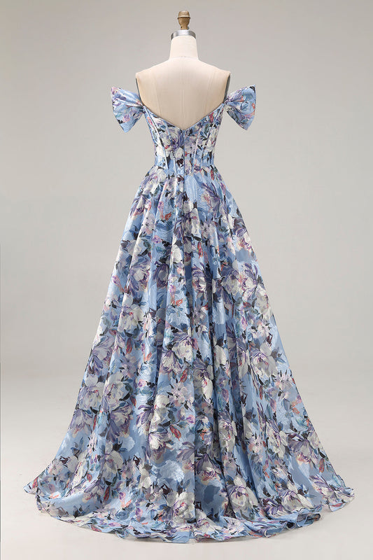 Robe de bal longue évasée bleue à fleurs avec corset, épaules dénudées et fente