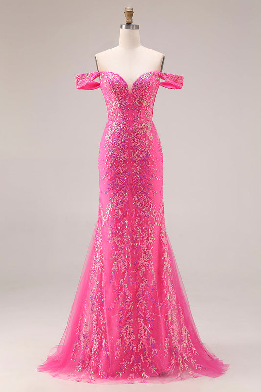 Robe de bal longue convertible à épaules dénudées style sirène fuchsia étincelant avec sequins
