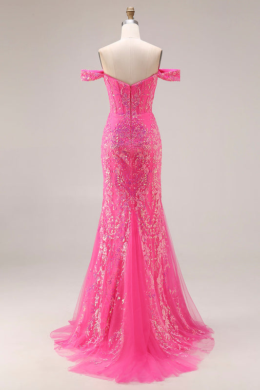 Robe de bal longue convertible à épaules dénudées style sirène fuchsia étincelant avec sequins