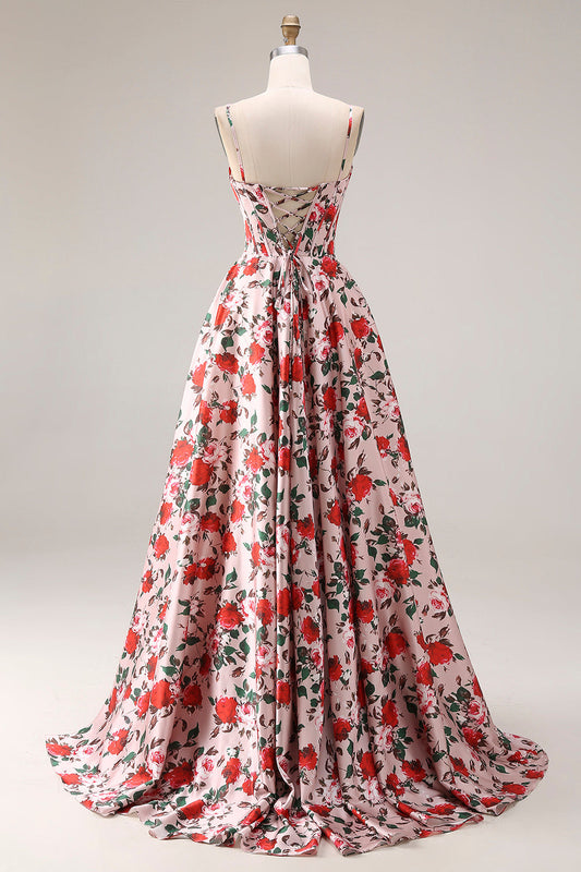 Red Pink Flower Spaghetti Straps Basque Waist A-Line Long Prom Dress with Slit