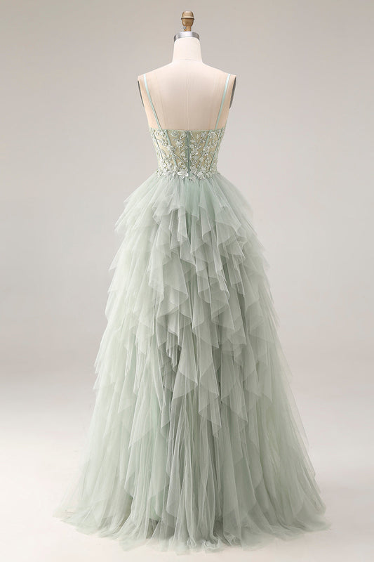 Robe longue de bal à corset en tulle coupe trapèze vert poussière avec bretelles spaghetti et volants