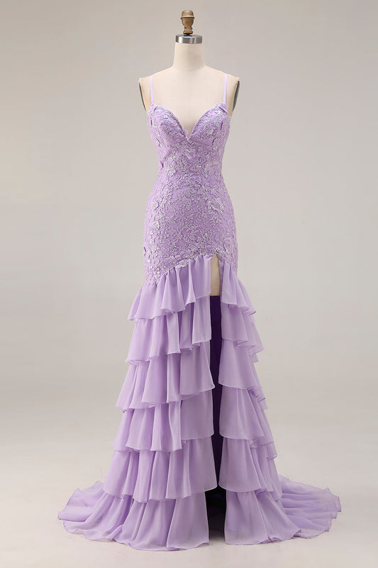 Robe de bal longue sirène violette à fines bretelles avec laçage au dos et fente à volants