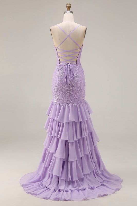 Robe de bal longue sirène violette à fines bretelles avec laçage au dos et fente à volants