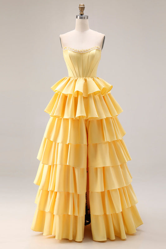 Yellow Sweetheart A-Line Tiered Corset Lace-Up Back Prom Dress with Slit