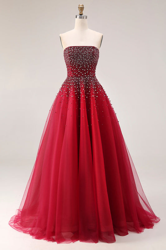 Robe de bal longue en tulle ligne A bustier rouge avec perles