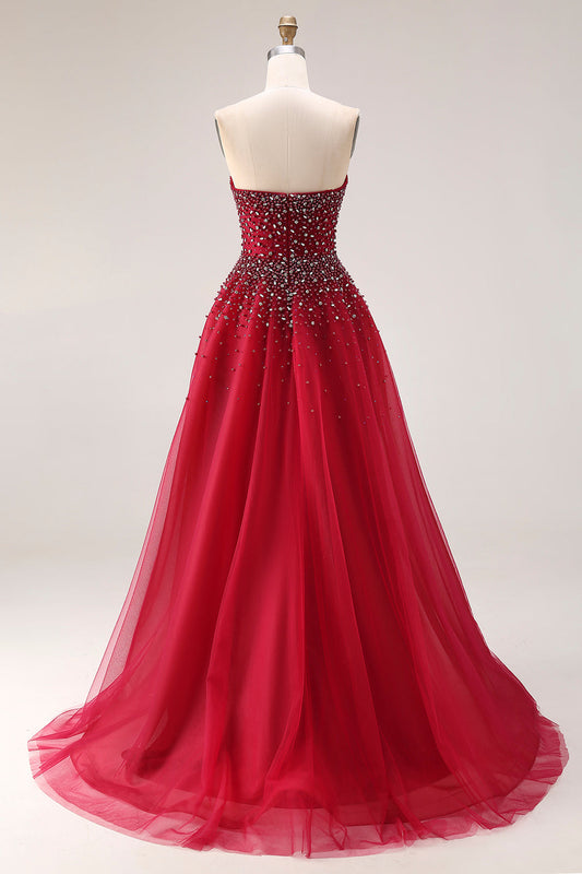 Robe de bal longue en tulle ligne A bustier rouge avec perles