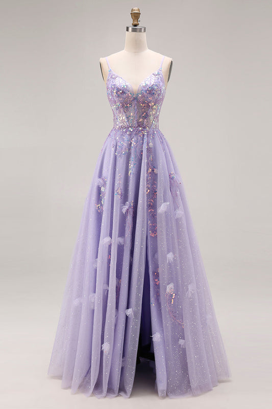 Robe longue de bal de promo trapèze violet clair à perles et paillettes, avec dos lacé et fente
