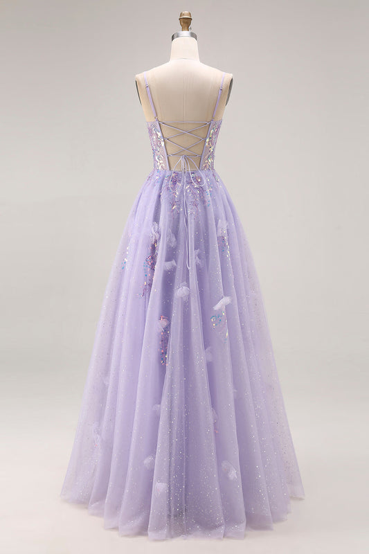 Robe longue de bal de promo trapèze violet clair à perles et paillettes, avec dos lacé et fente