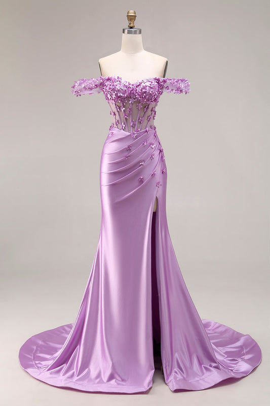 Robe de bal sirène violette, bustier, épaules dénudées, avec applications et fente