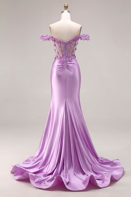 Robe de bal sirène violette, bustier, épaules dénudées, avec applications et fente