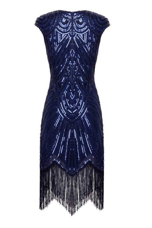 Robe Charleston à franges et sequins bleu marine des années 20