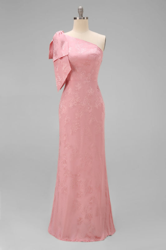 Robe de demoiselle d'honneur longue sirène asymétrique fleurie rose blush avec nœud