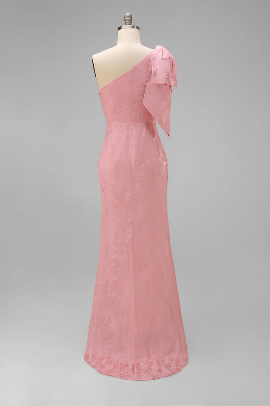 Robe de demoiselle d'honneur longue sirène asymétrique fleurie rose blush avec nœud