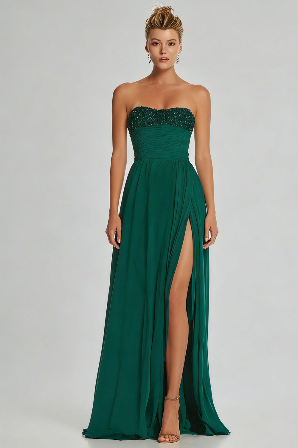 Dark Green A-Line Strapless Long Chiffon Dress with Slit