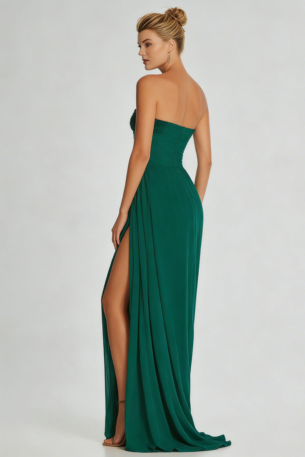 Dark Green A-Line Strapless Long Chiffon Dress with Slit