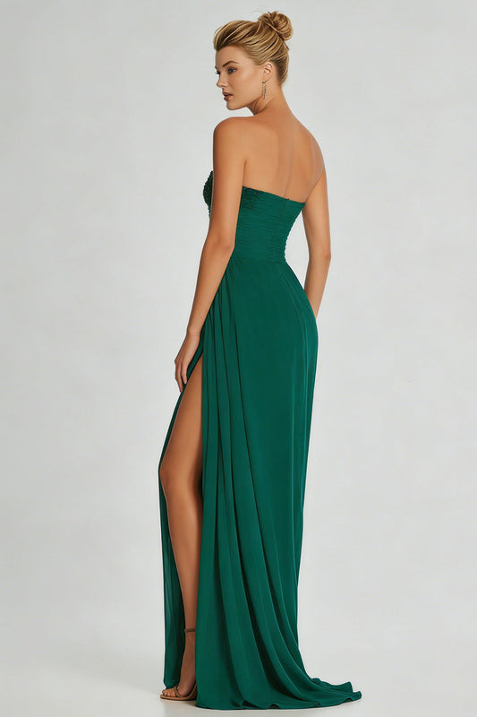 Robe longue bustier en mousseline vert foncé coupe évasée avec fente