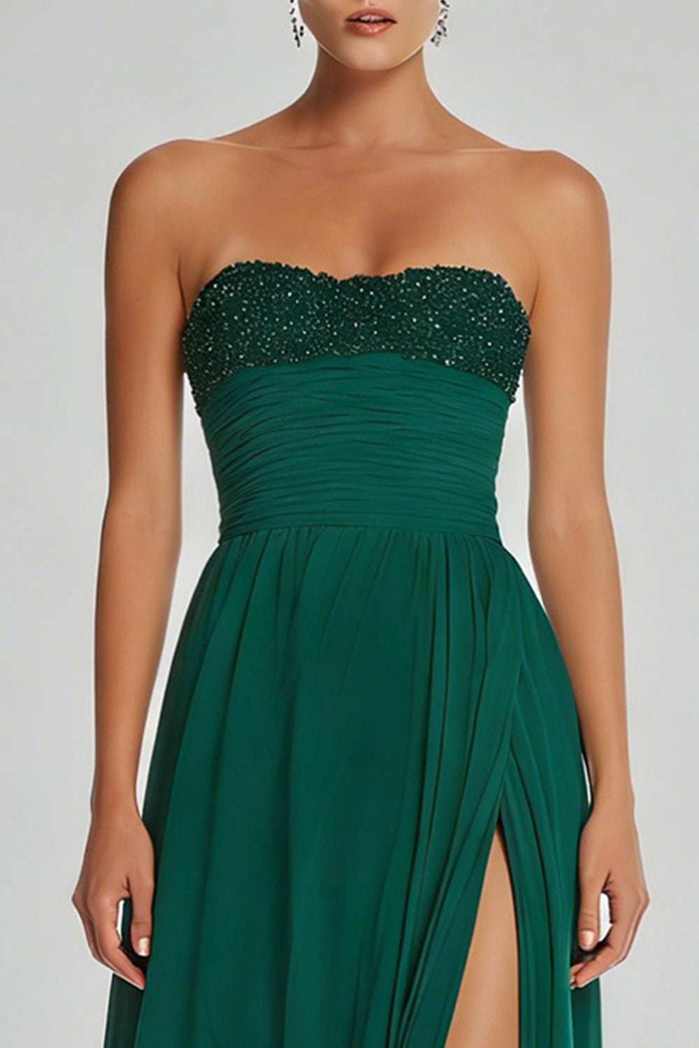 Dark Green A-Line Strapless Long Chiffon Dress with Slit