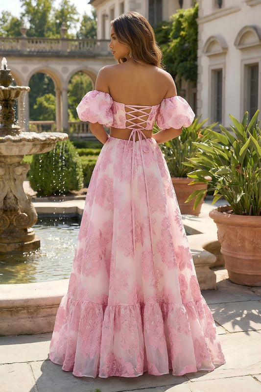 Robe longue évasée rose en jacquard, avec épaules dénudées et dos lacé