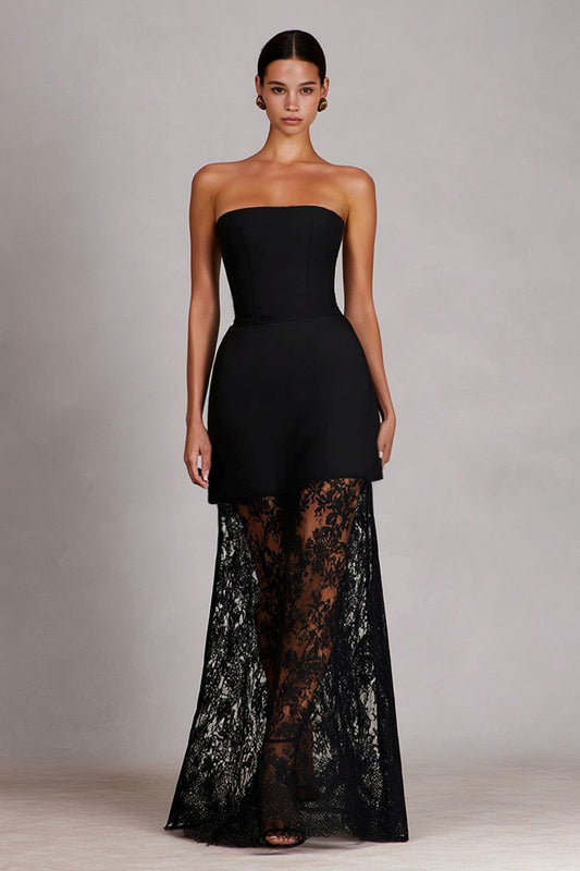 Robe longue noire satinée coupe A sans bretelles avec dentelle