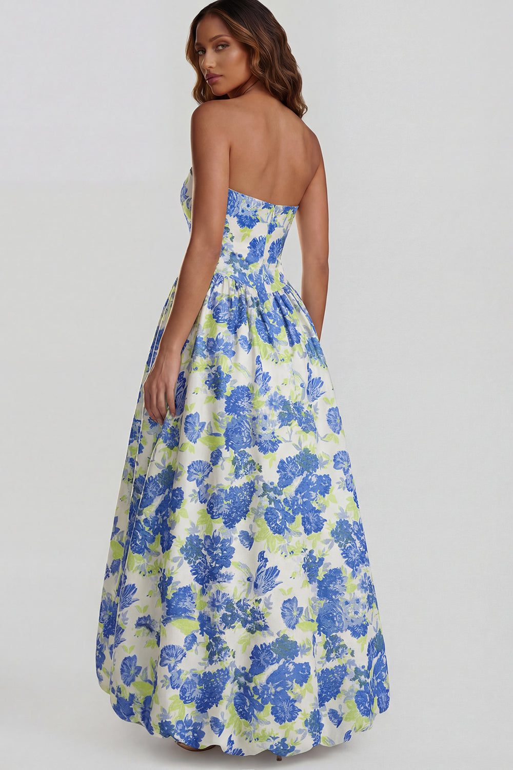 Blue Daffodil Flower Printed A-Line Strapless Midi Dress with Slit