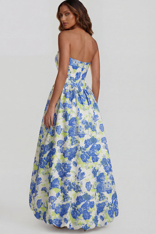Blue Daffodil Flower Printed A-Line Strapless Midi Dress with Slit