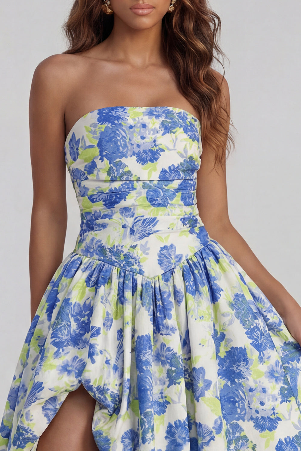 Blue Daffodil Flower Printed A-Line Strapless Midi Dress with Slit