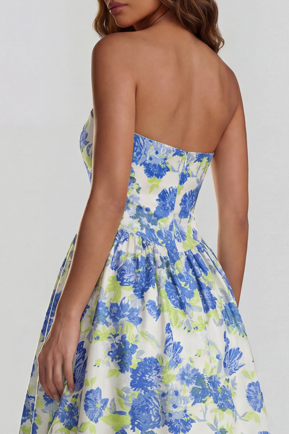 Blue Daffodil Flower Printed A-Line Strapless Midi Dress with Slit