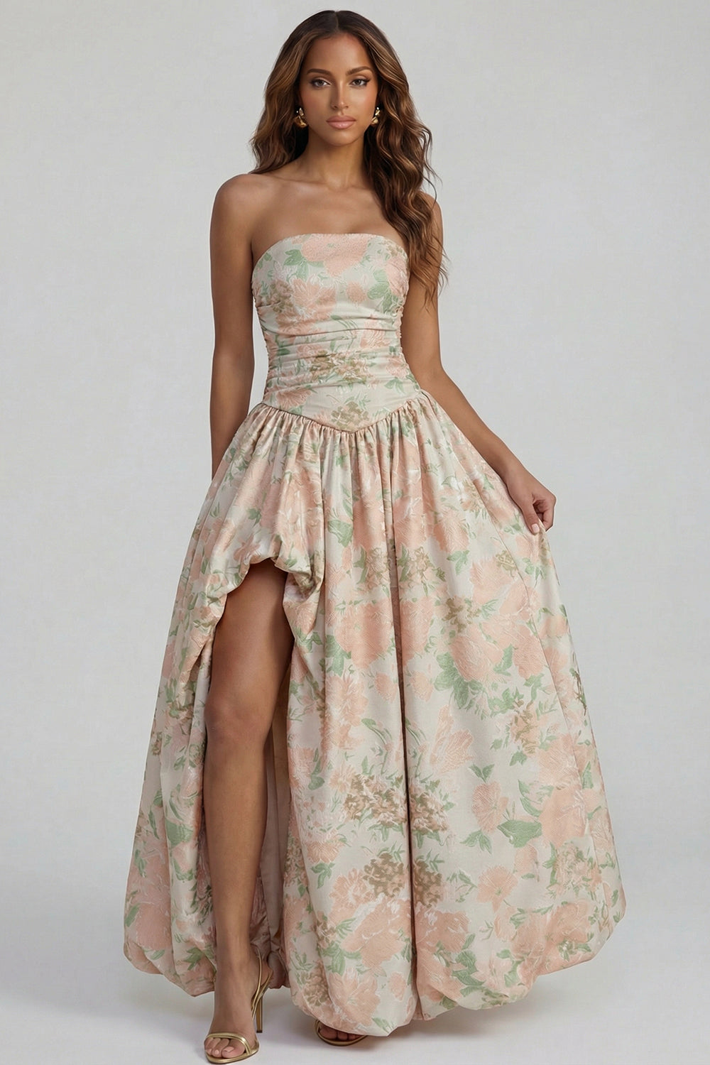 Blue Daffodil Flower Printed A-Line Strapless Midi Dress with Slit