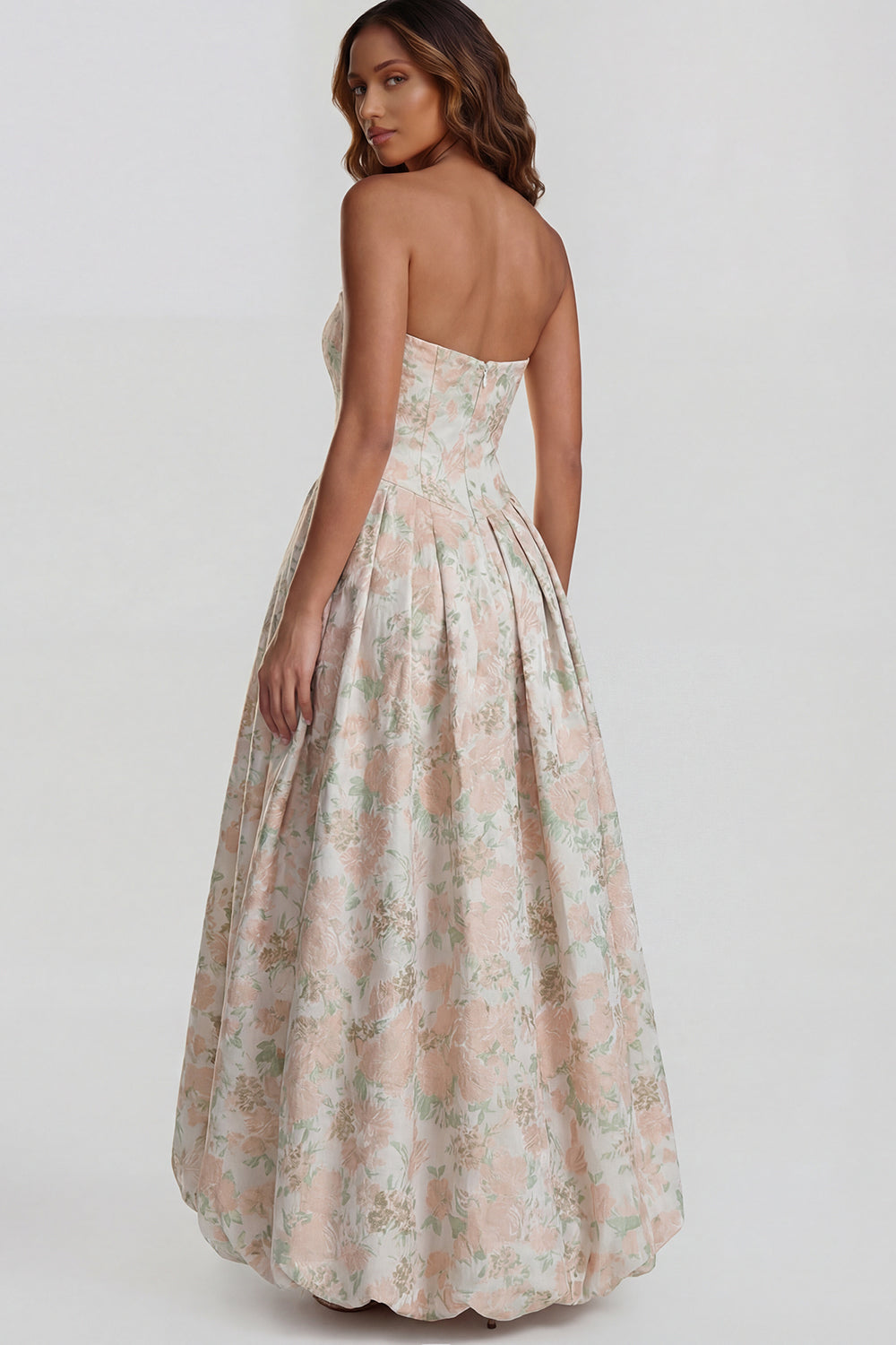 Blue Daffodil Flower Printed A-Line Strapless Midi Dress with Slit