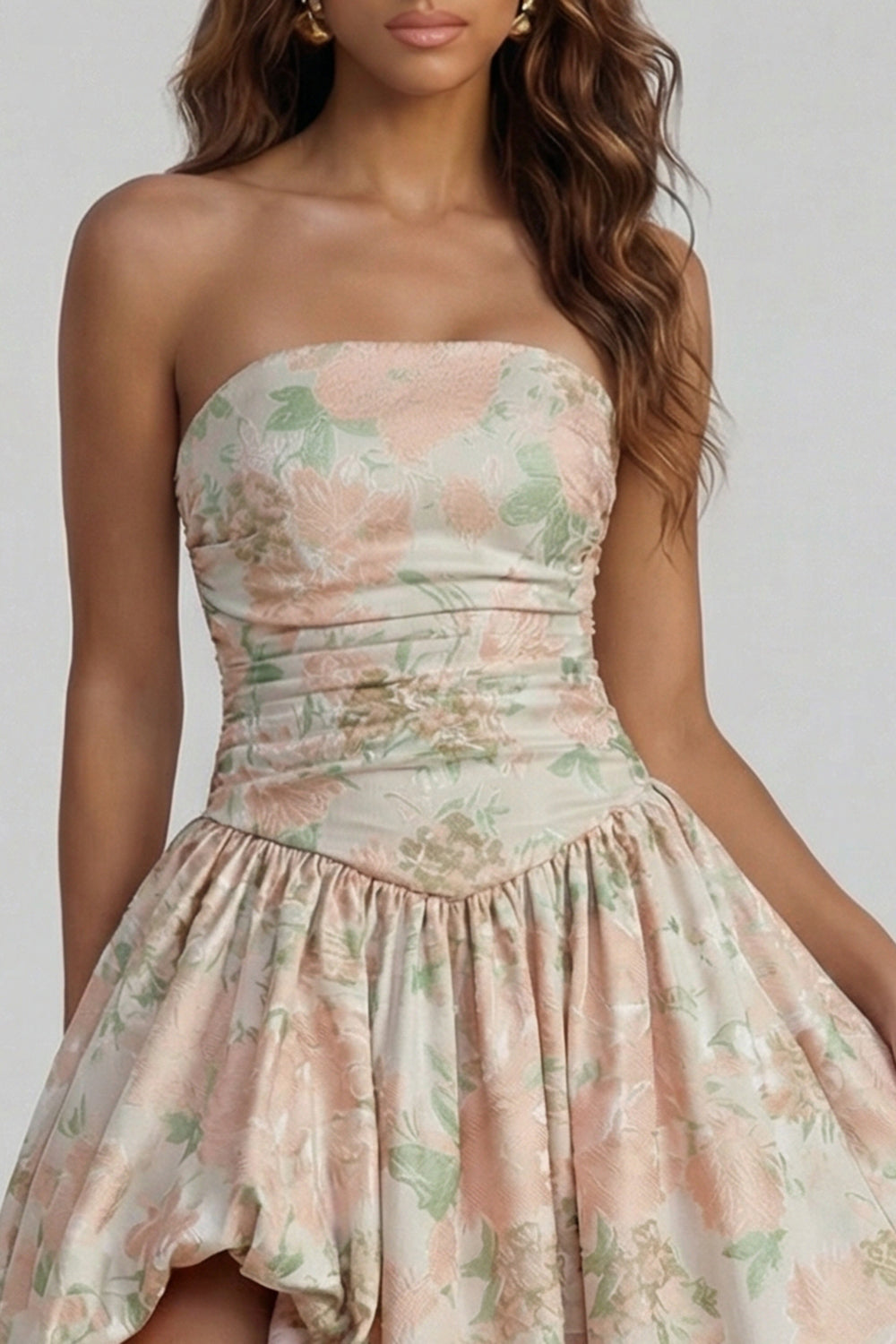 Blue Daffodil Flower Printed A-Line Strapless Midi Dress with Slit