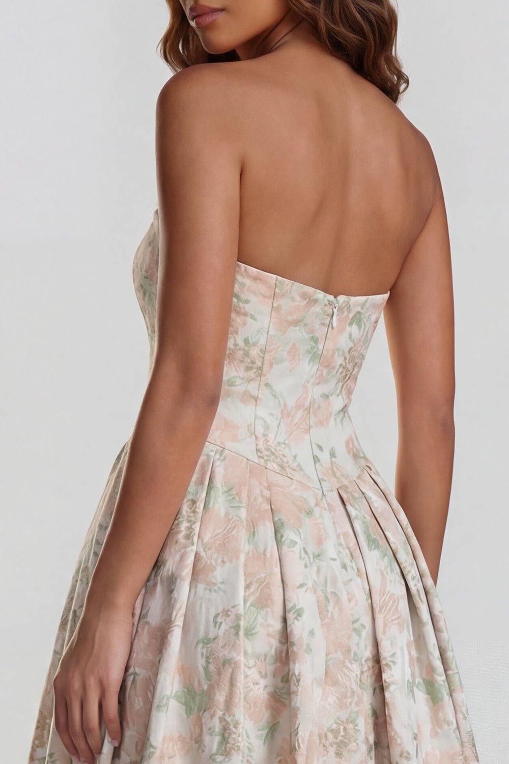 Blue Daffodil Flower Printed A-Line Strapless Midi Dress with Slit