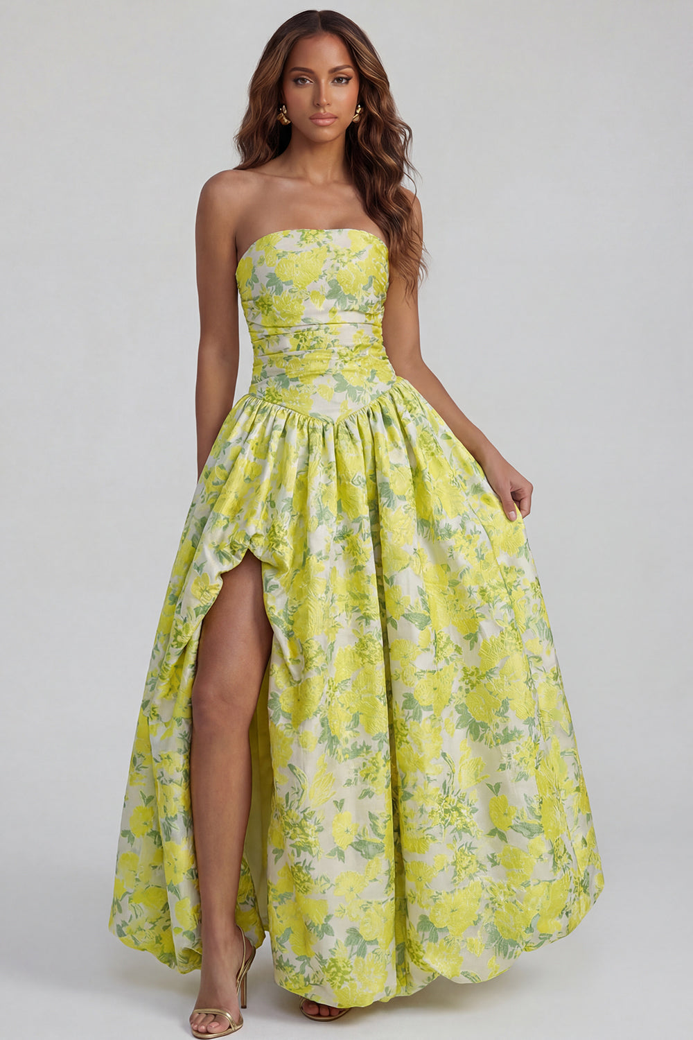 Blue Daffodil Flower Printed A-Line Strapless Midi Dress with Slit