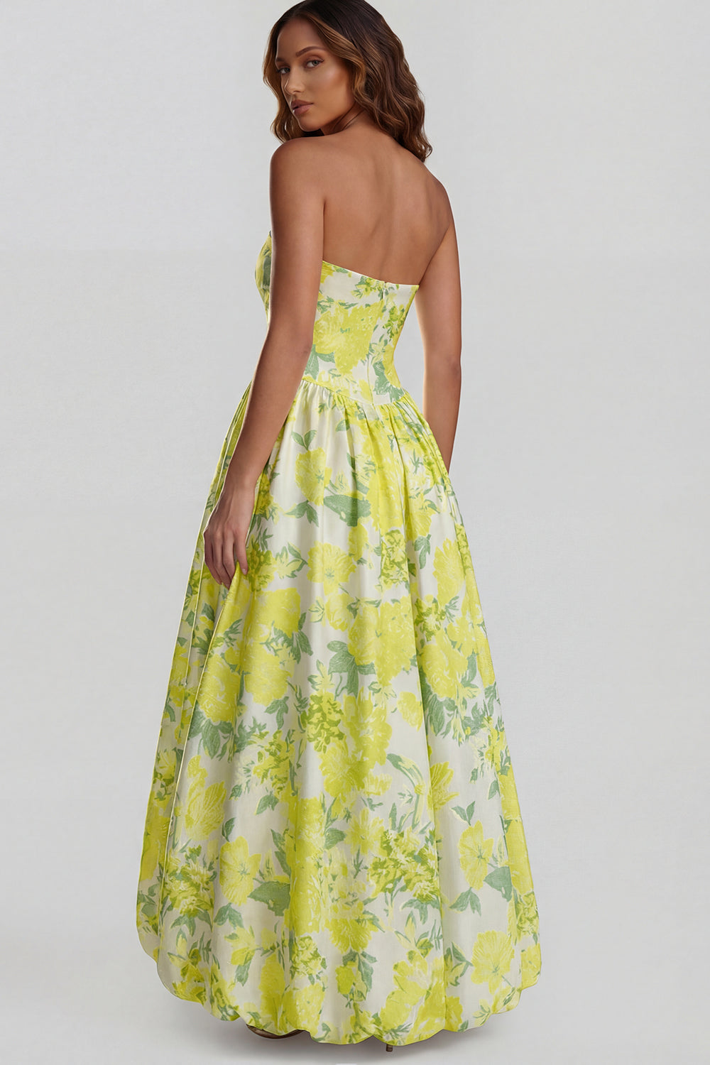 Blue Daffodil Flower Printed A-Line Strapless Midi Dress with Slit