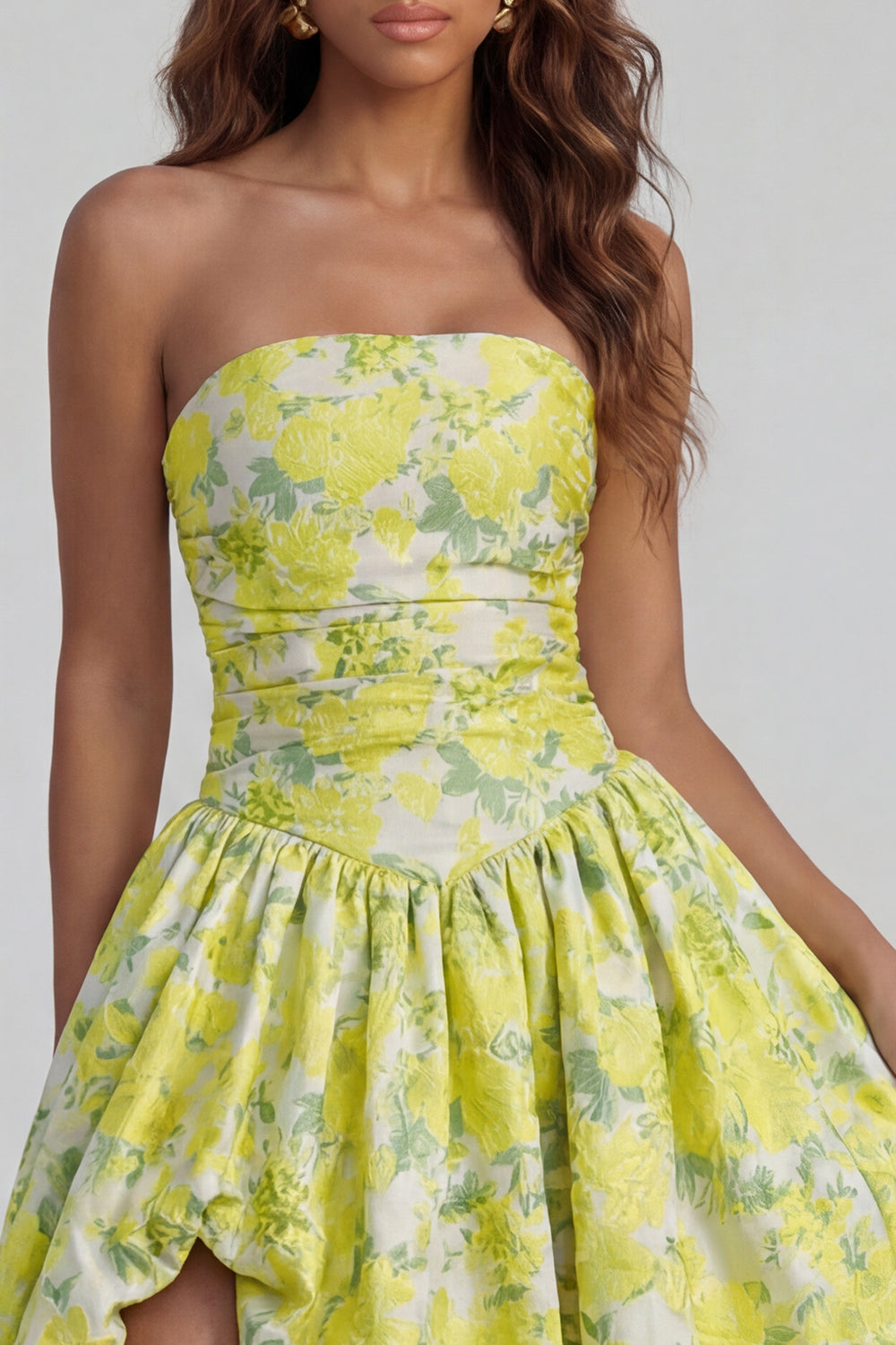 Blue Daffodil Flower Printed A-Line Strapless Midi Dress with Slit