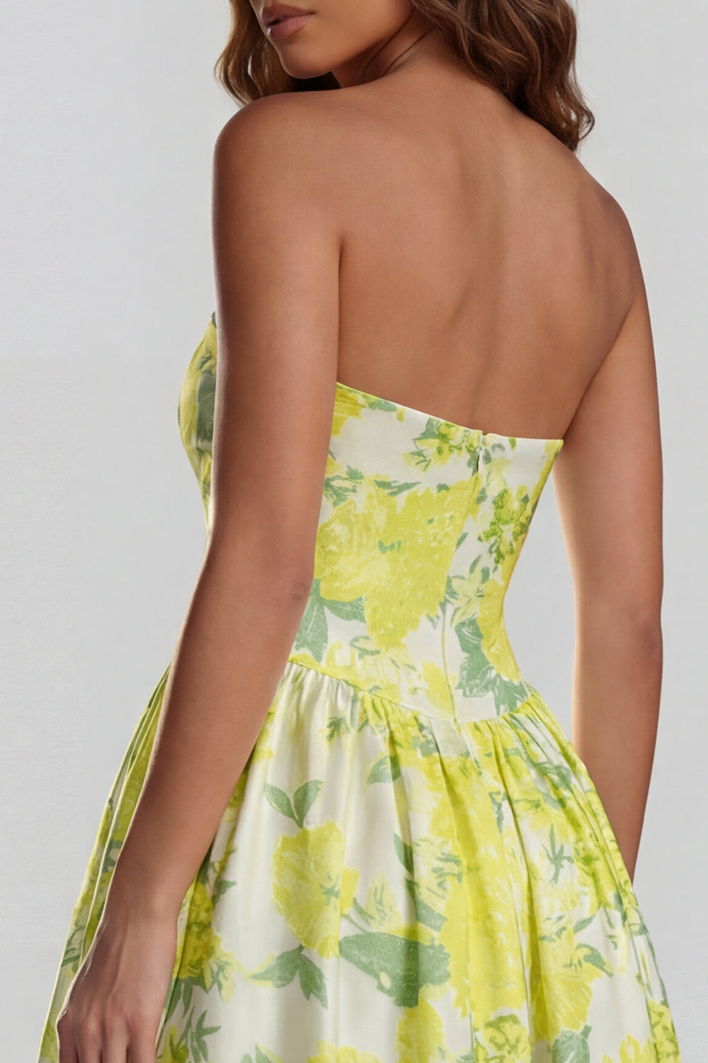 Blue Daffodil Flower Printed A-Line Strapless Midi Dress with Slit