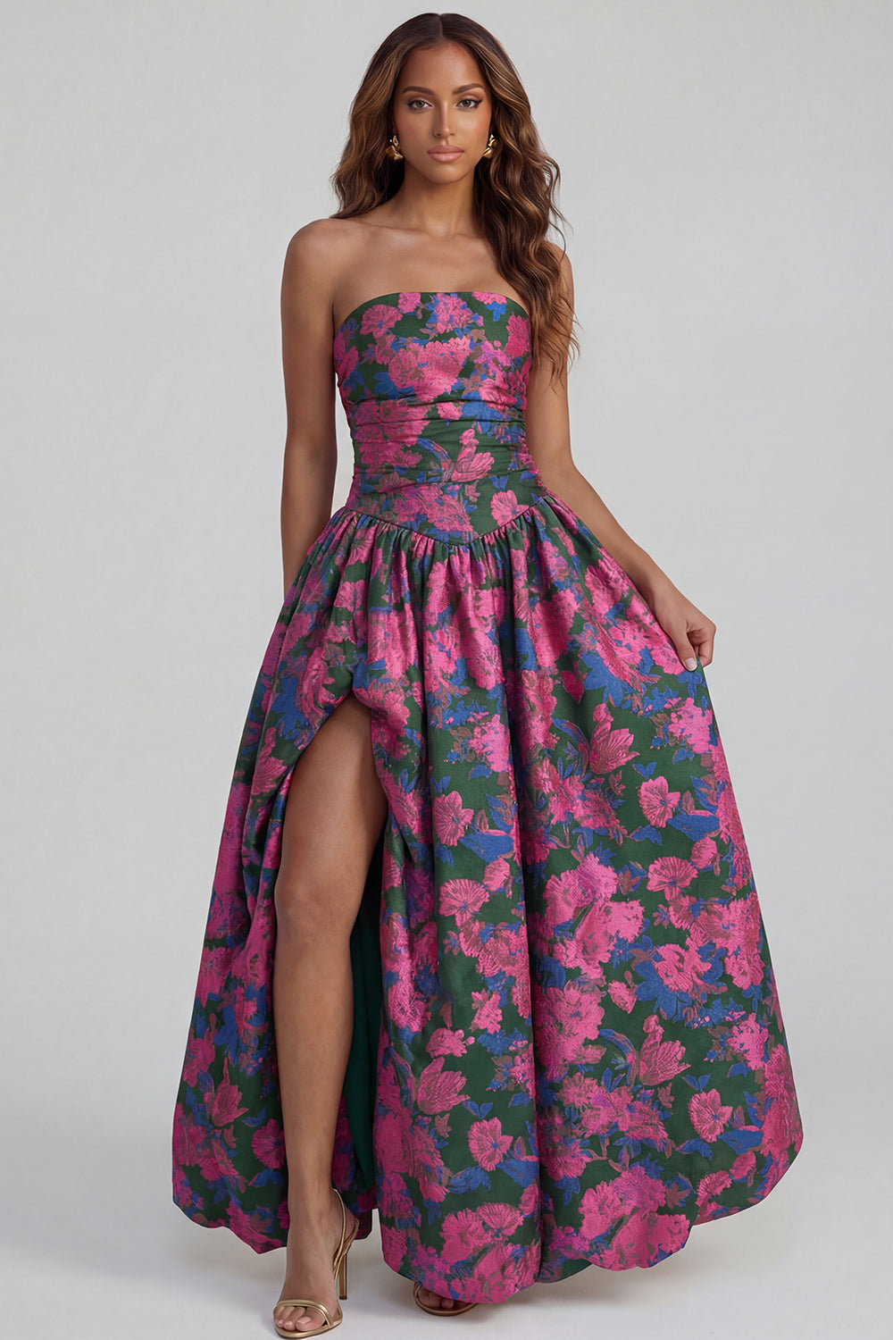 Blue Daffodil Flower Printed A-Line Strapless Midi Dress with Slit