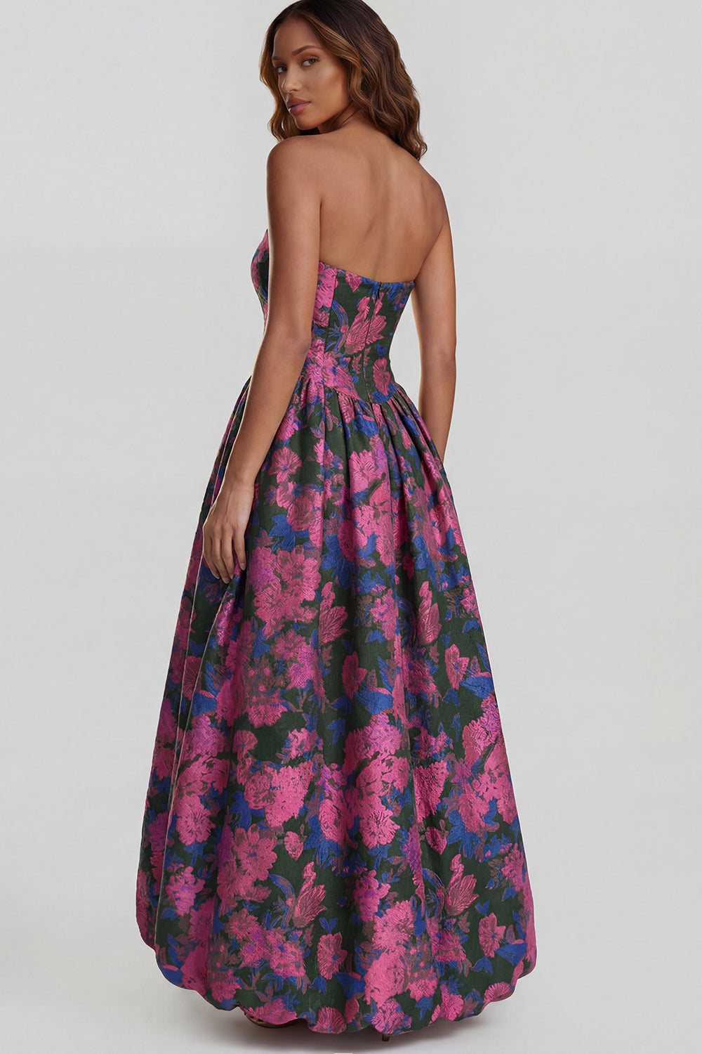 Blue Daffodil Flower Printed A-Line Strapless Midi Dress with Slit