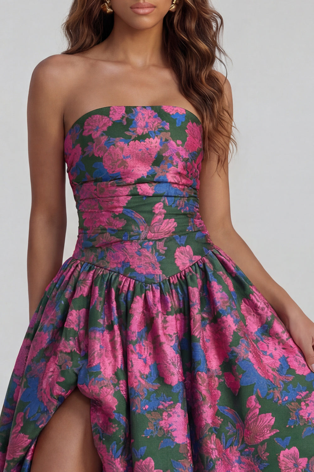 Blue Daffodil Flower Printed A-Line Strapless Midi Dress with Slit
